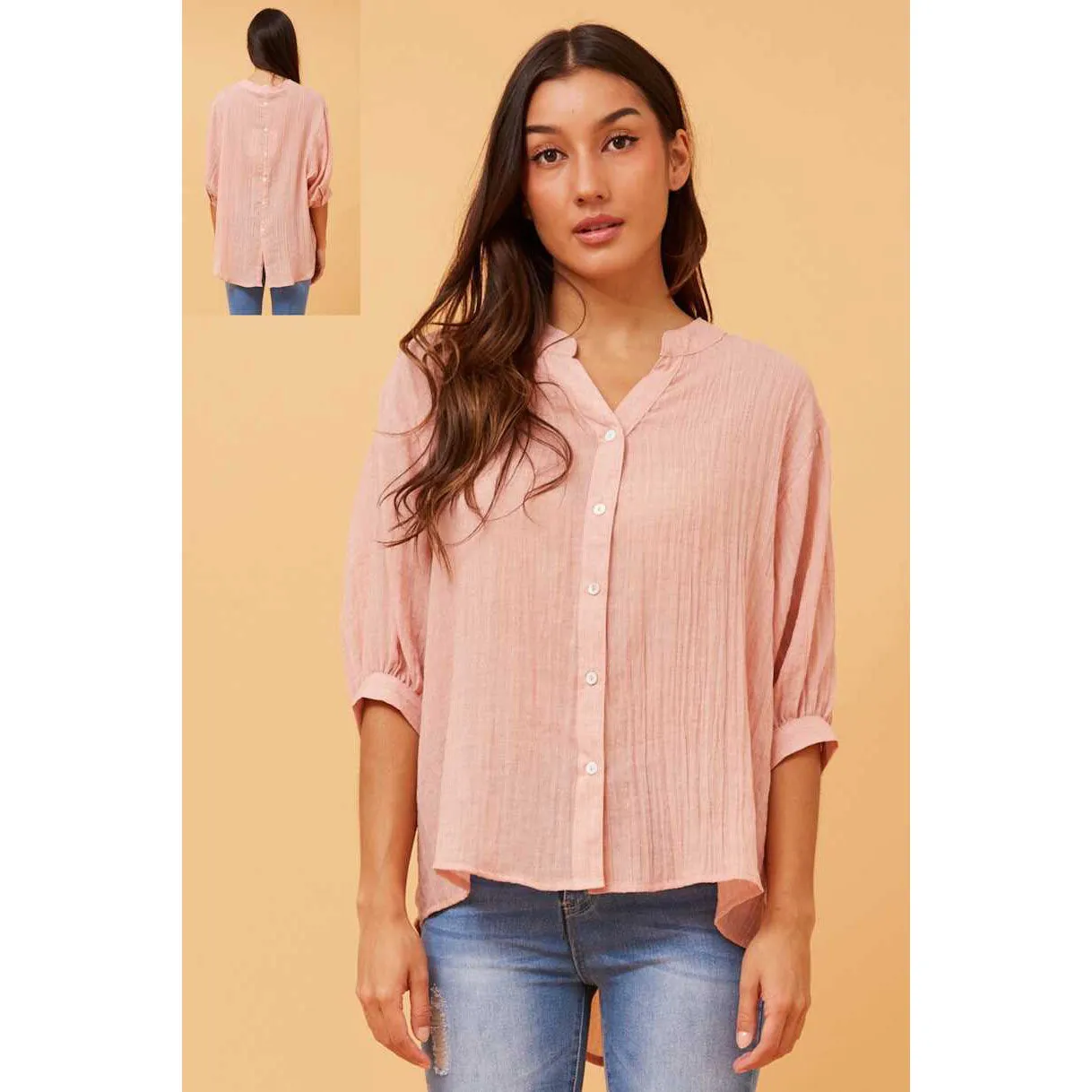 3/4 Sleeve Shirt With Detail - Rosewood