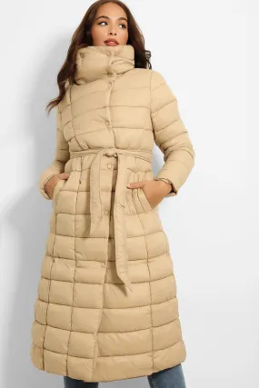 BEIGE SUPER HIGH NECK WAIST TIE QUILTED MIDI PUFFER JACKET