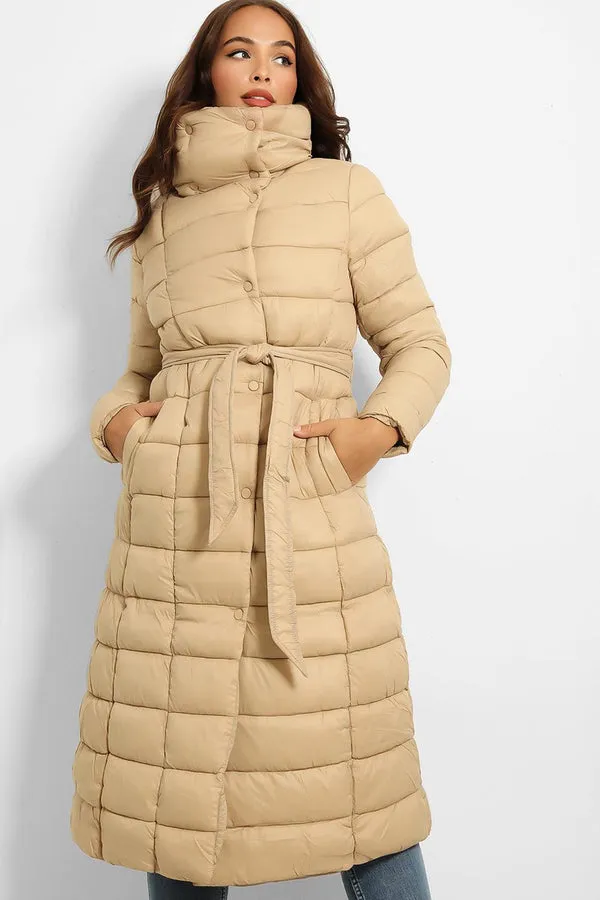 BEIGE SUPER HIGH NECK WAIST TIE QUILTED MIDI PUFFER JACKET