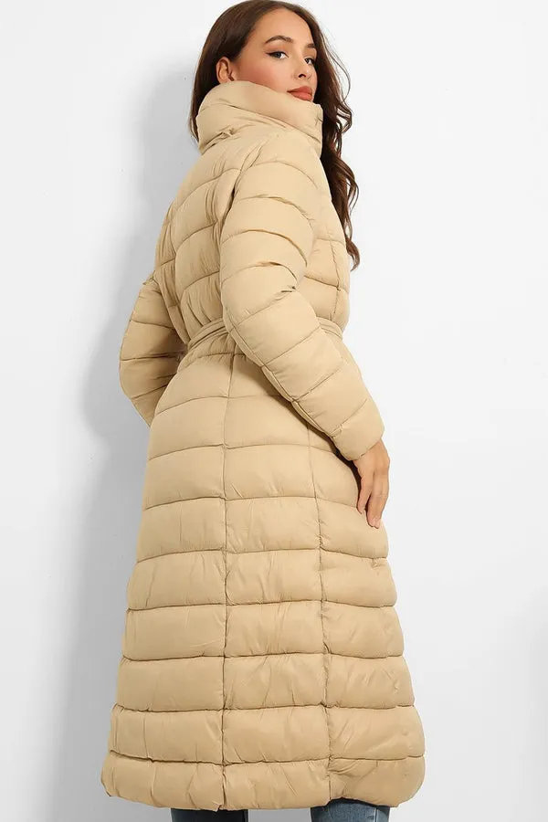 BEIGE SUPER HIGH NECK WAIST TIE QUILTED MIDI PUFFER JACKET