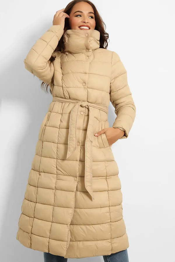 BEIGE SUPER HIGH NECK WAIST TIE QUILTED MIDI PUFFER JACKET