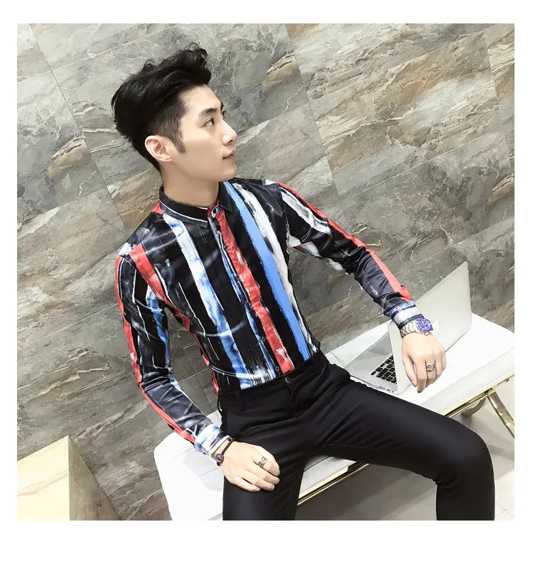 Brushed Stroke Stripe Print Multicolor Men Slim Fit Long Sleeves Shirt