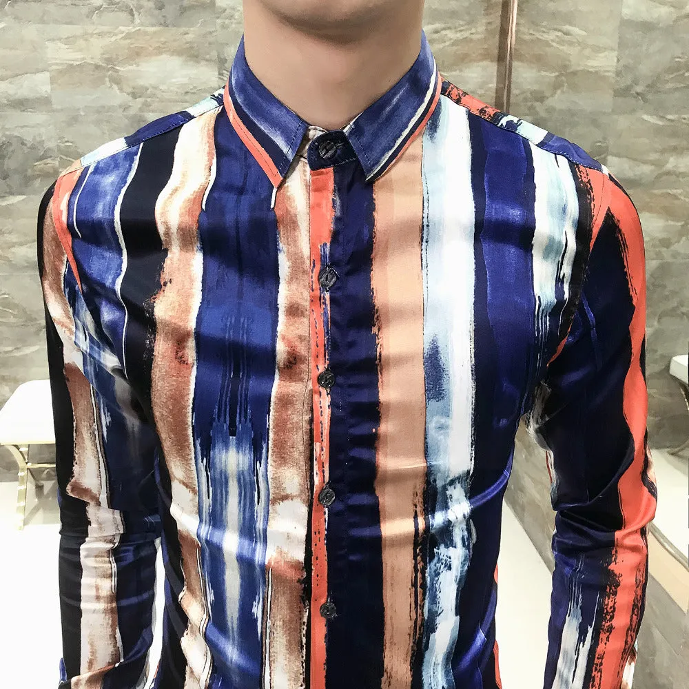 Brushed Stroke Stripe Print Multicolor Men Slim Fit Long Sleeves Shirt
