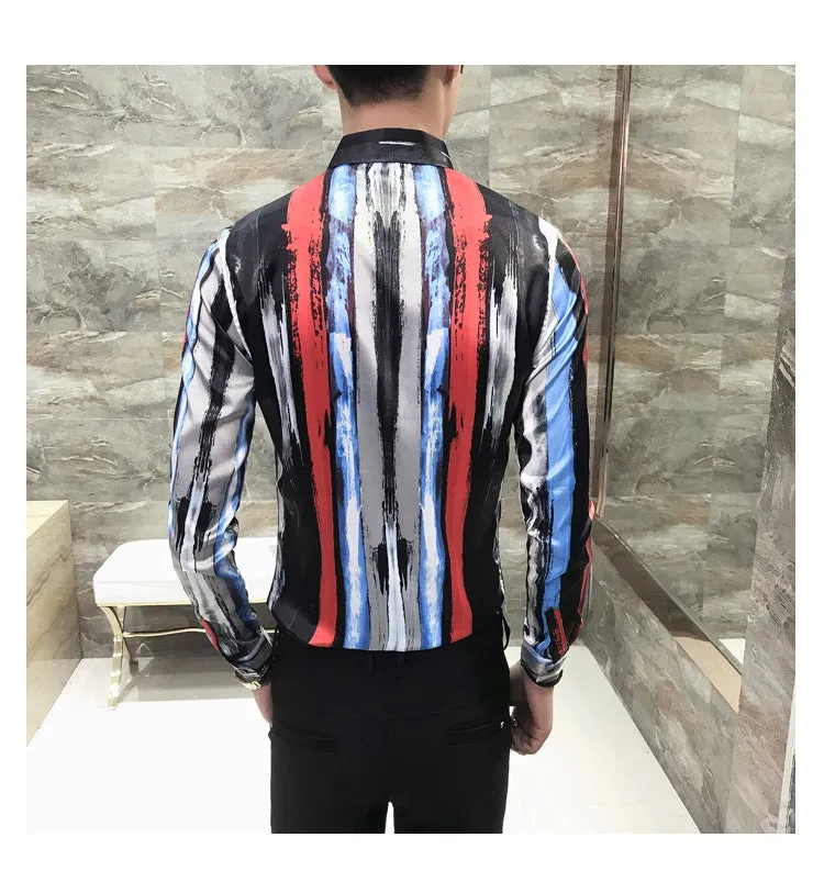 Brushed Stroke Stripe Print Multicolor Men Slim Fit Long Sleeves Shirt
