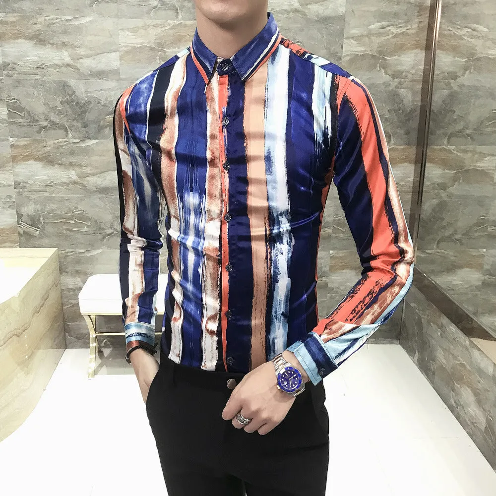 Brushed Stroke Stripe Print Multicolor Men Slim Fit Long Sleeves Shirt
