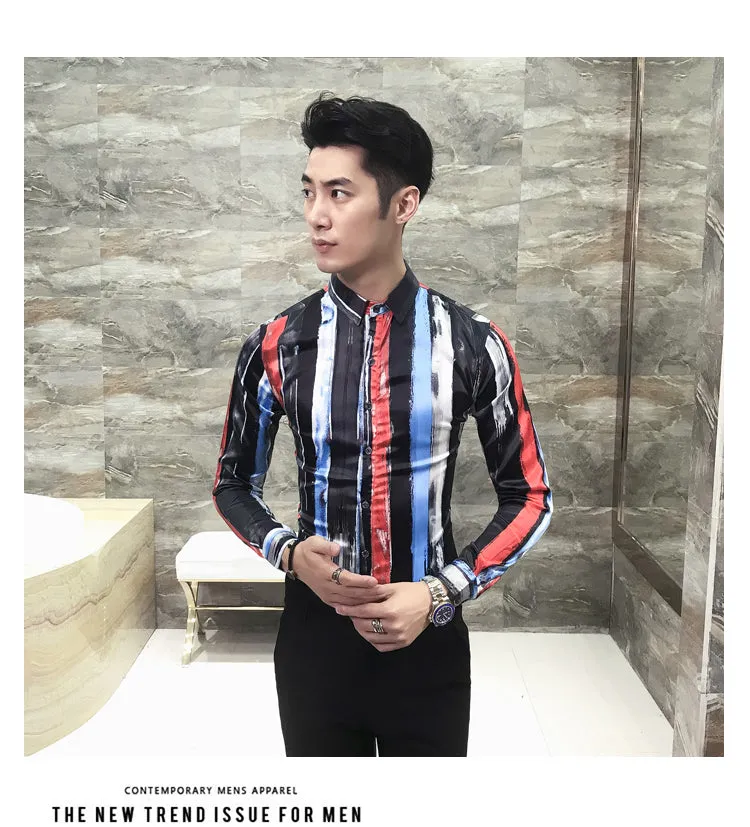 Brushed Stroke Stripe Print Multicolor Men Slim Fit Long Sleeves Shirt