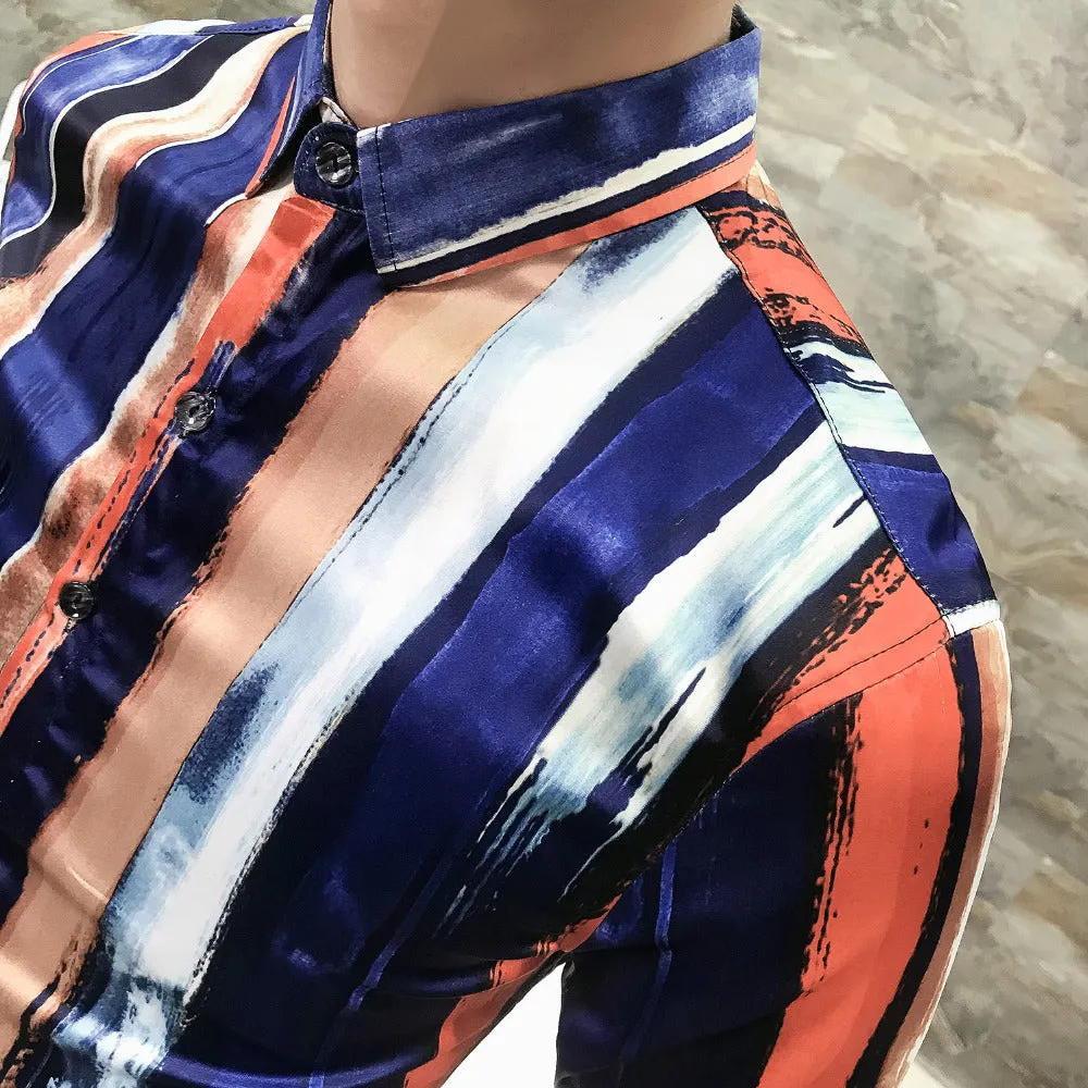 Brushed Stroke Stripe Print Multicolor Men Slim Fit Long Sleeves Shirt