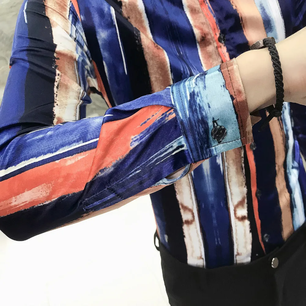 Brushed Stroke Stripe Print Multicolor Men Slim Fit Long Sleeves Shirt