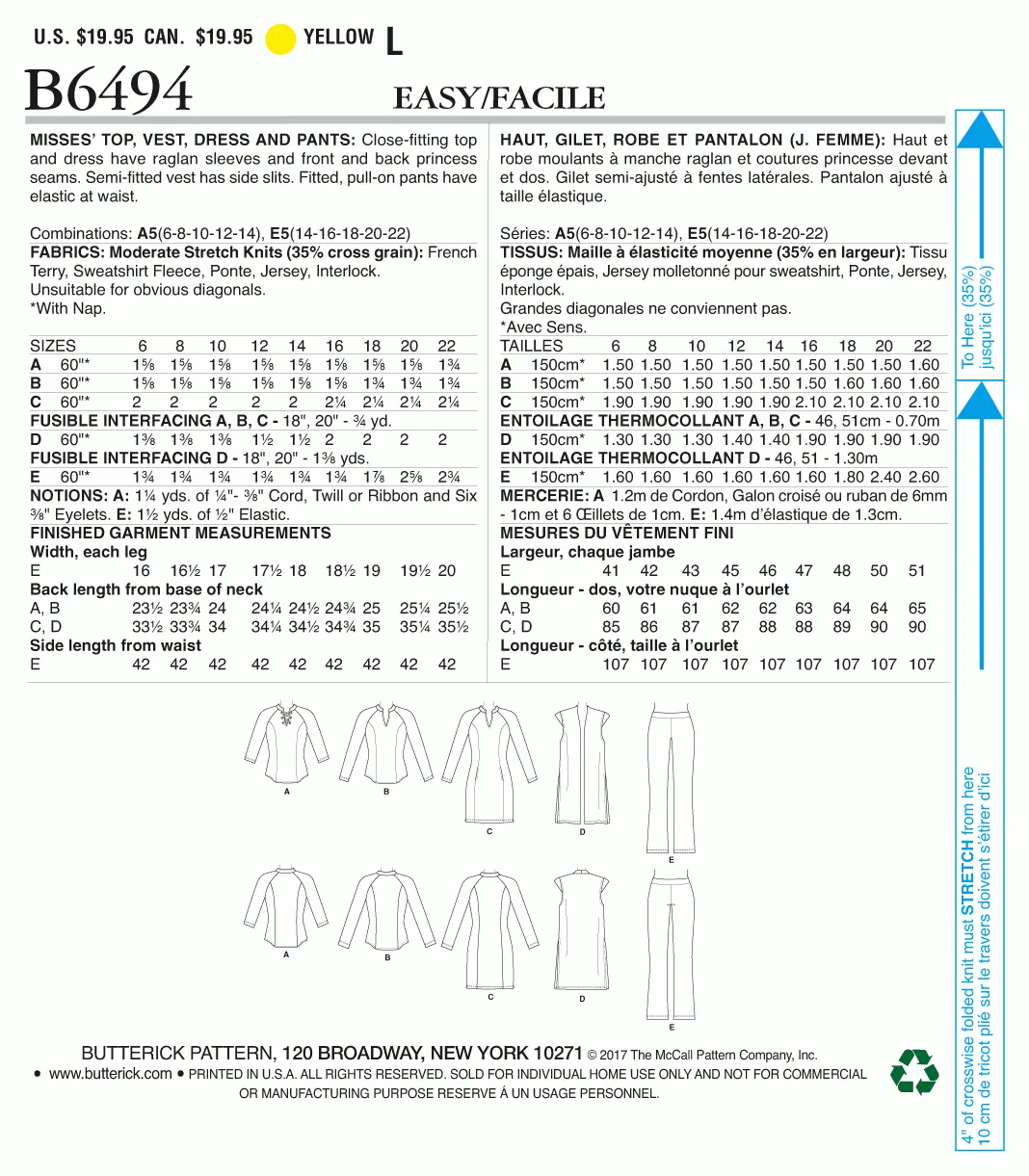 Butterick Pattern B6494 Misses' Knit Raglan Sleeve Tops and Dress, Vest, and Pull-On Pants