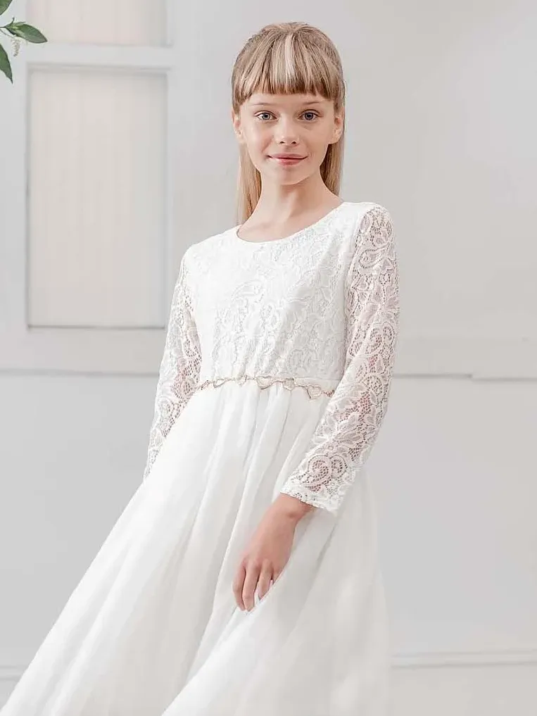 DELILAH L/S LACE First Communion or Flower Girl Dress - IVORY