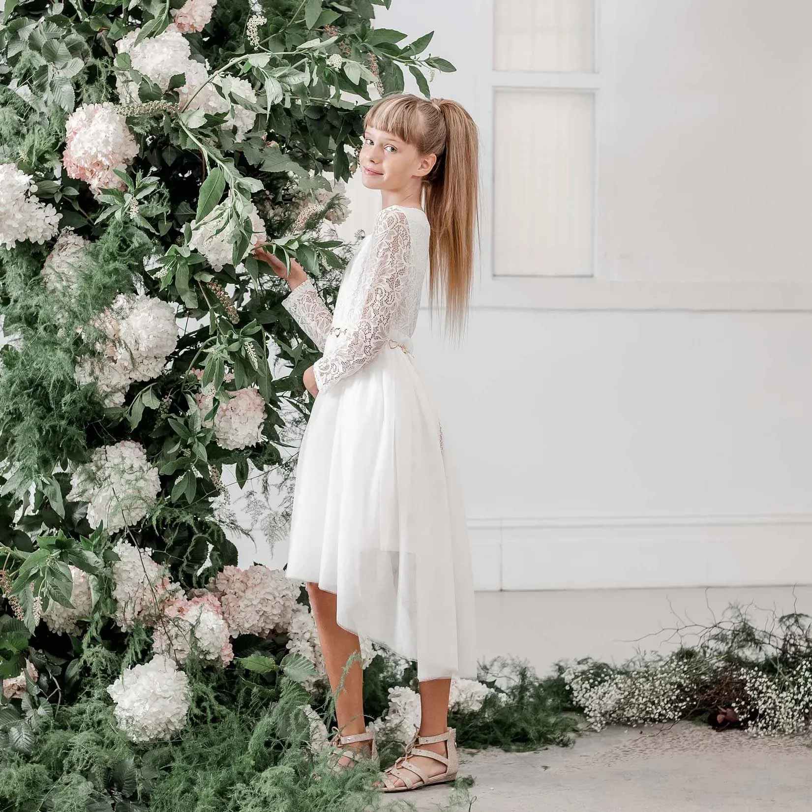 DELILAH L/S LACE First Communion or Flower Girl Dress - IVORY