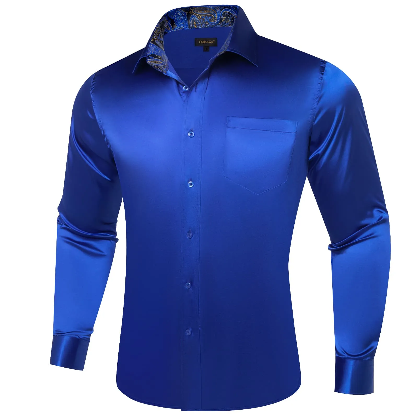 DiBanGu Collar Shirt Violet Blue Satin Splicing Solid Button Down Mens Shirt