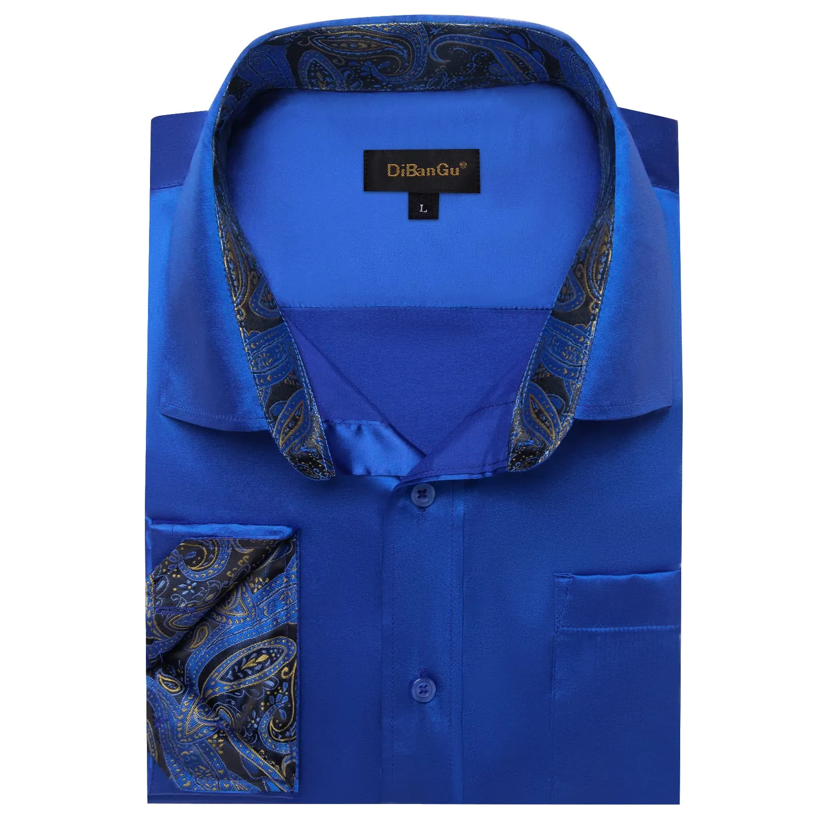 DiBanGu Collar Shirt Violet Blue Satin Splicing Solid Button Down Mens Shirt