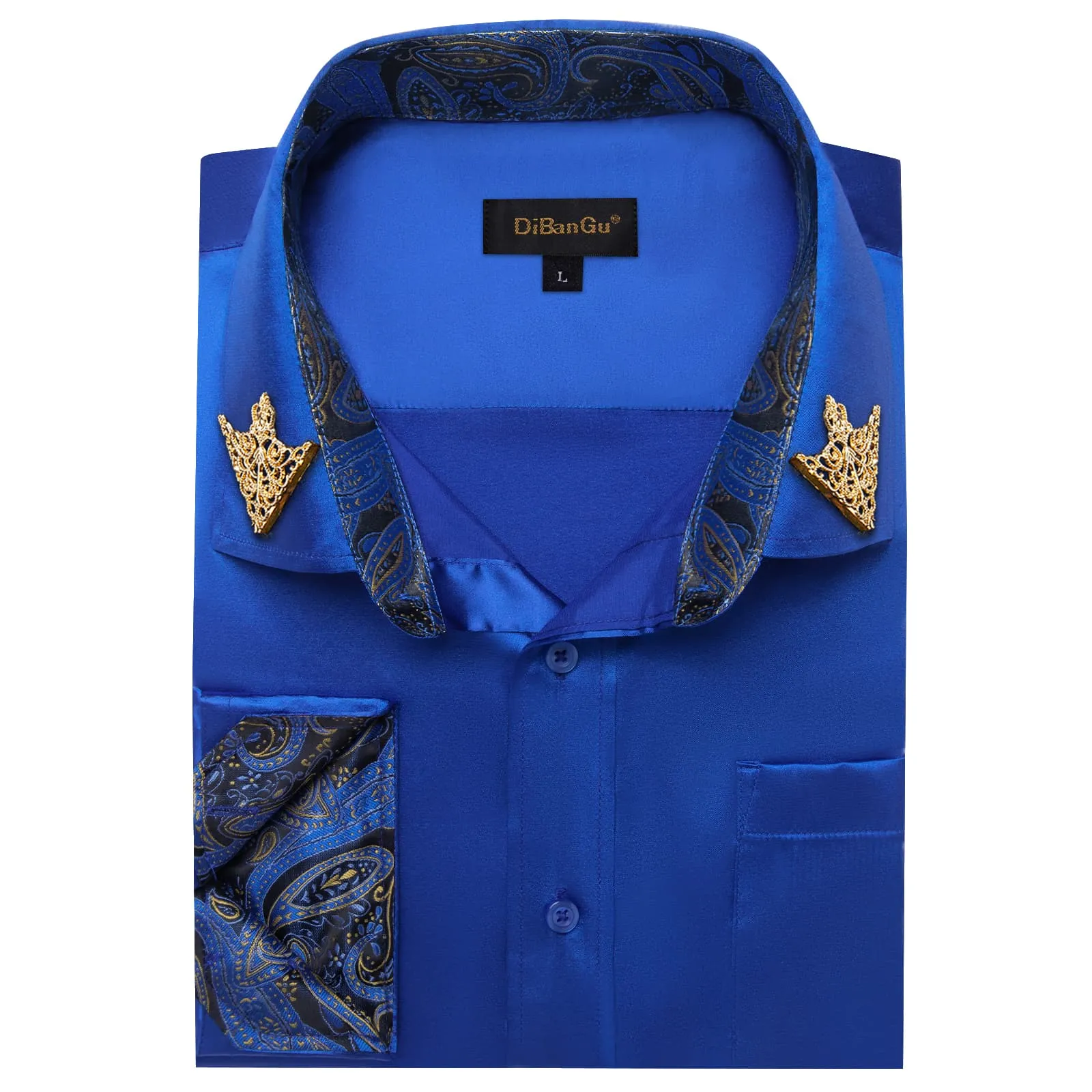 DiBanGu Collar Shirt Violet Blue Satin Splicing Solid Button Down Mens Shirt