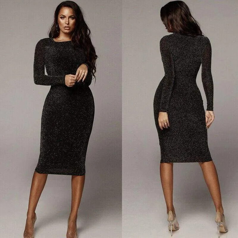 FashionSierra - Women Dresses Black Long Sleeve Lady Slim sexy Club Party Mini Dress Office Shining Glitter Turtleneck Bodycon