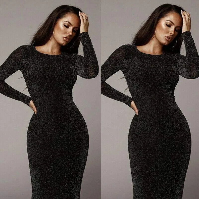 FashionSierra - Women Dresses Black Long Sleeve Lady Slim sexy Club Party Mini Dress Office Shining Glitter Turtleneck Bodycon