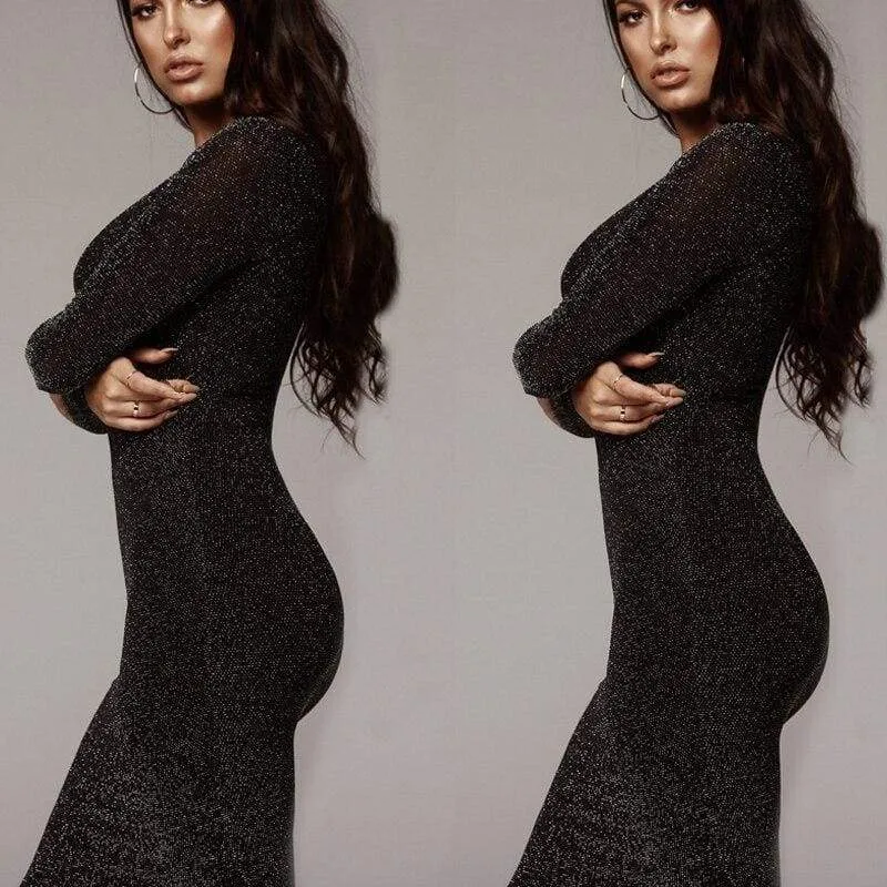 FashionSierra - Women Dresses Black Long Sleeve Lady Slim sexy Club Party Mini Dress Office Shining Glitter Turtleneck Bodycon