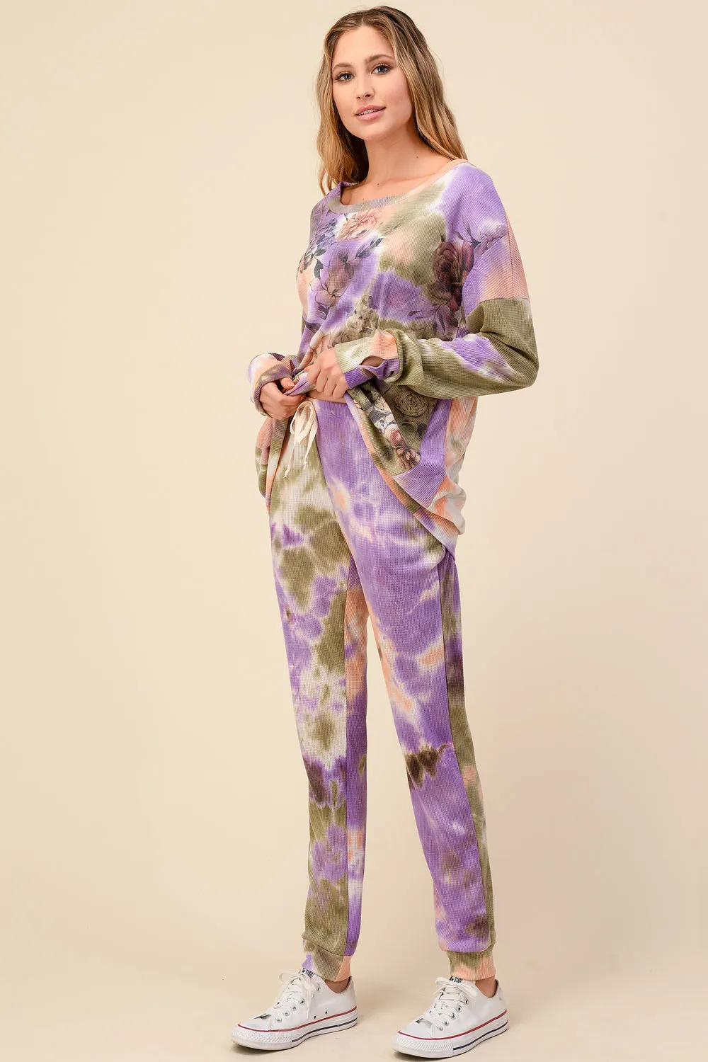 Floral Tie Dye Jogger Set, Plus Size