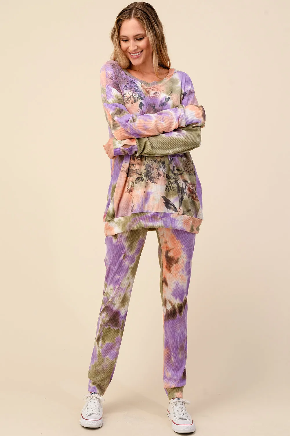Floral Tie Dye Jogger Set, Plus Size