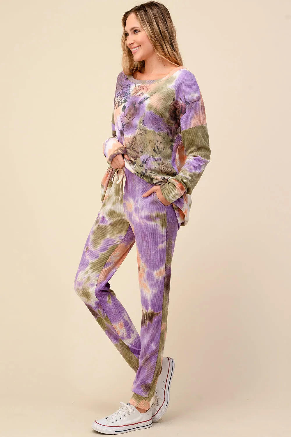 Floral Tie Dye Jogger Set, Plus Size