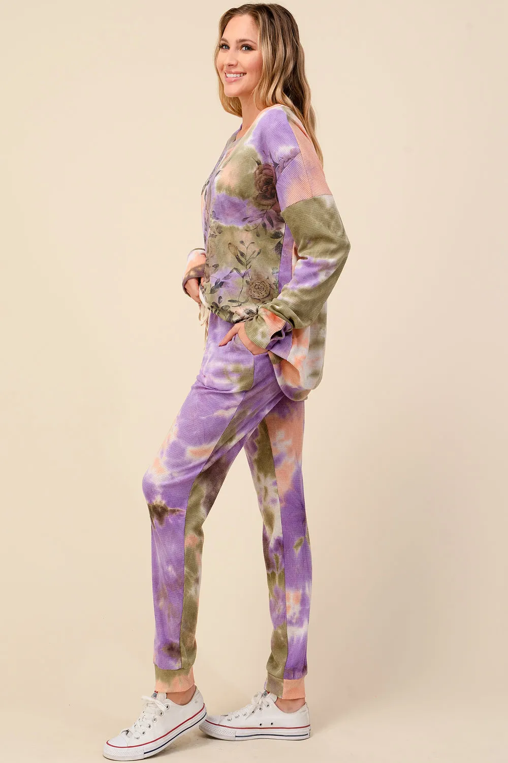 Floral Tie Dye Jogger Set, Plus Size