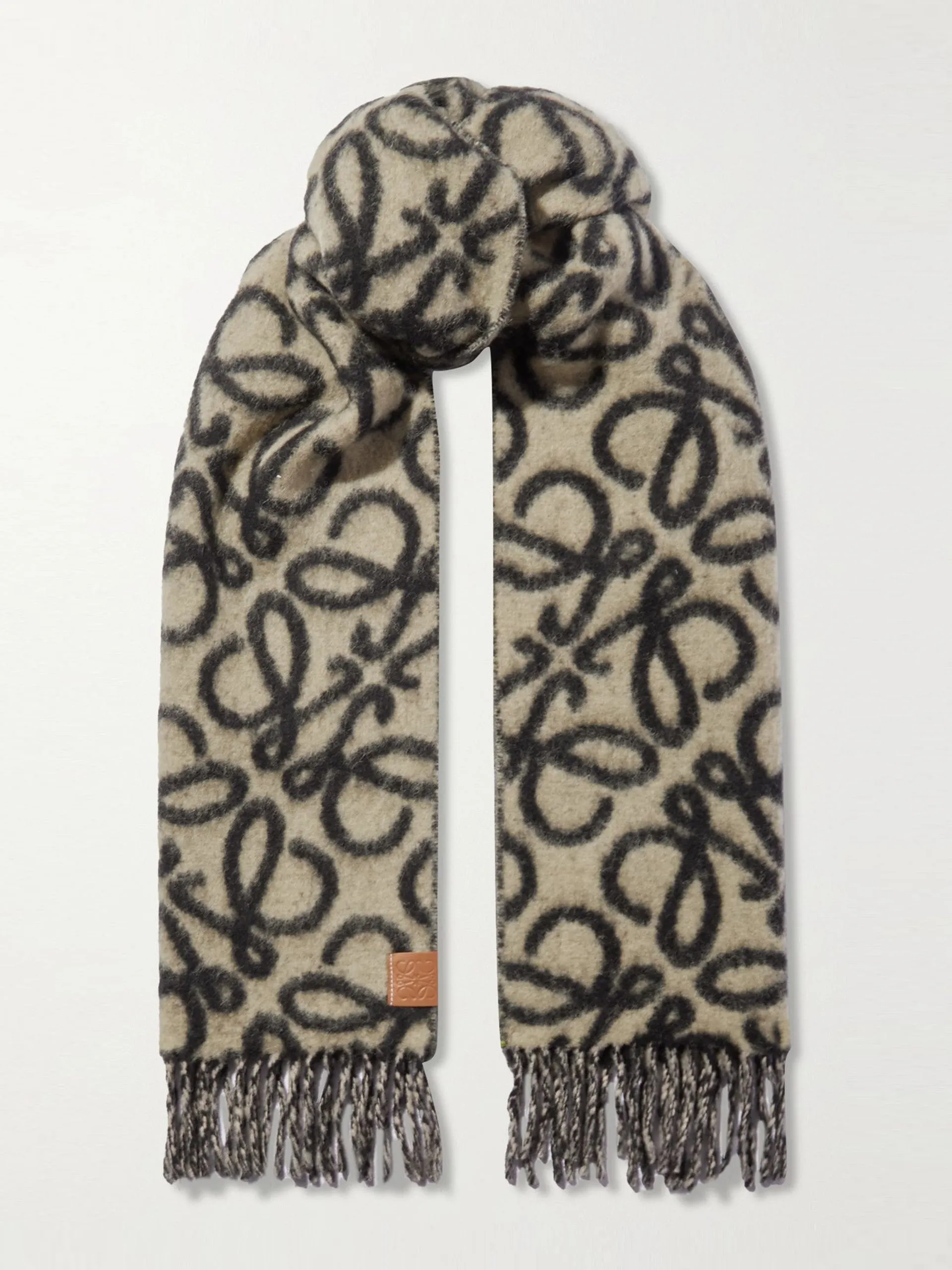 Fringed jacquard-knit scarf in beige