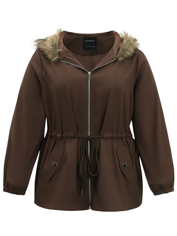 Fuzzy Trim Patchwork Zipper Drawstring Buckle Detail Jacket