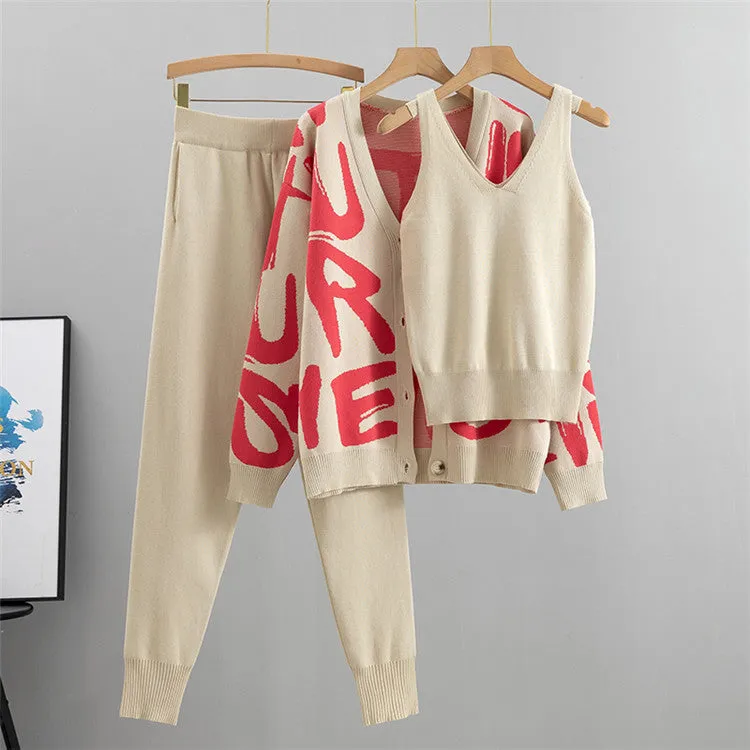 GBOLSOS Hot trade European fashion casual suit women's spring and autumn letter loose knitted jacket vest small feet trousers three-piece set