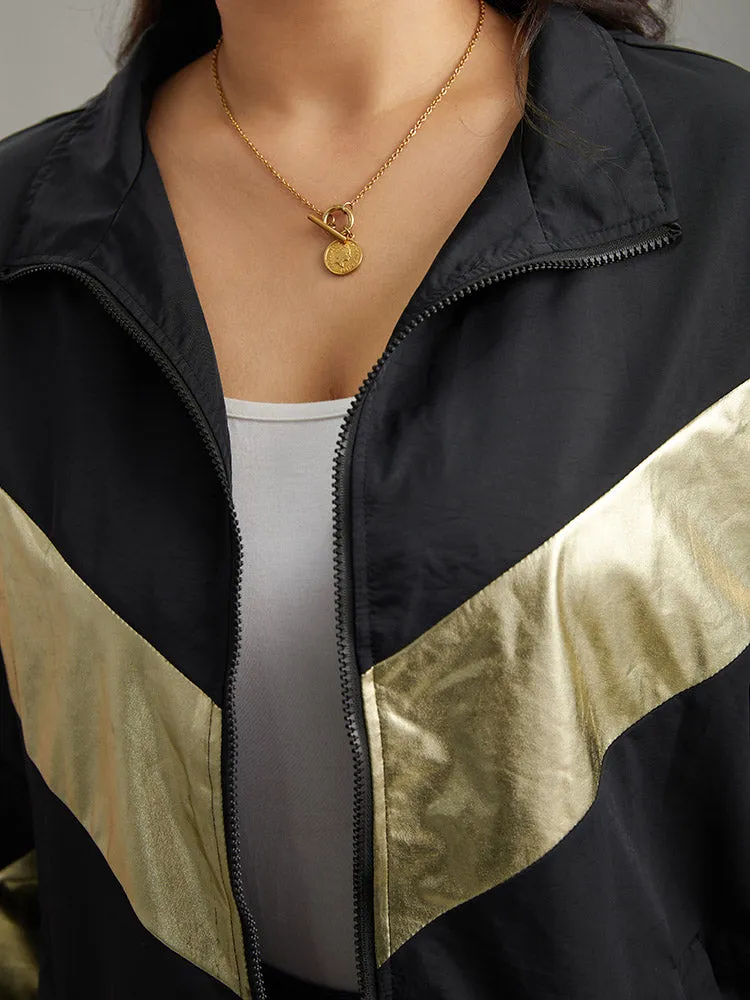 Geometric Patchwork Contrast Zipper Jacket
