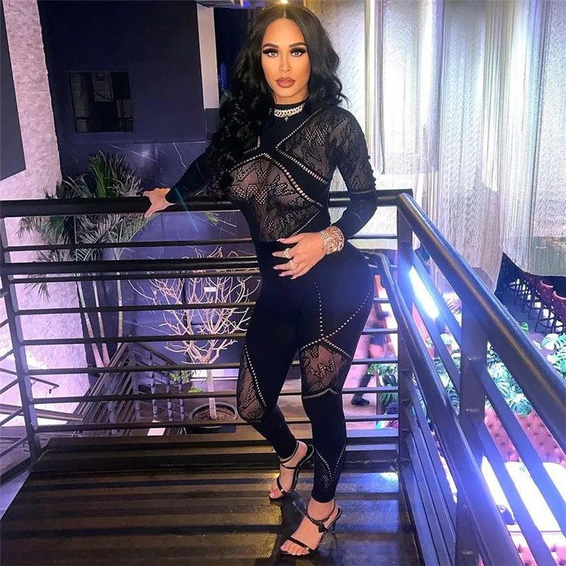 Hollow Sheath Jumpsuit Skinny Lace Knit One Piece Casual Outfit in Black One Size