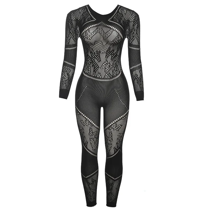Hollow Sheath Jumpsuit Skinny Lace Knit One Piece Casual Outfit in Black One Size