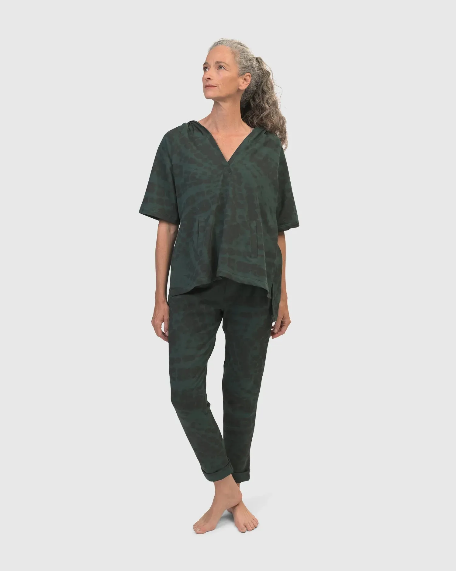 Inhale Hooded Hi-Lo Top, Forest Tie-Dye
