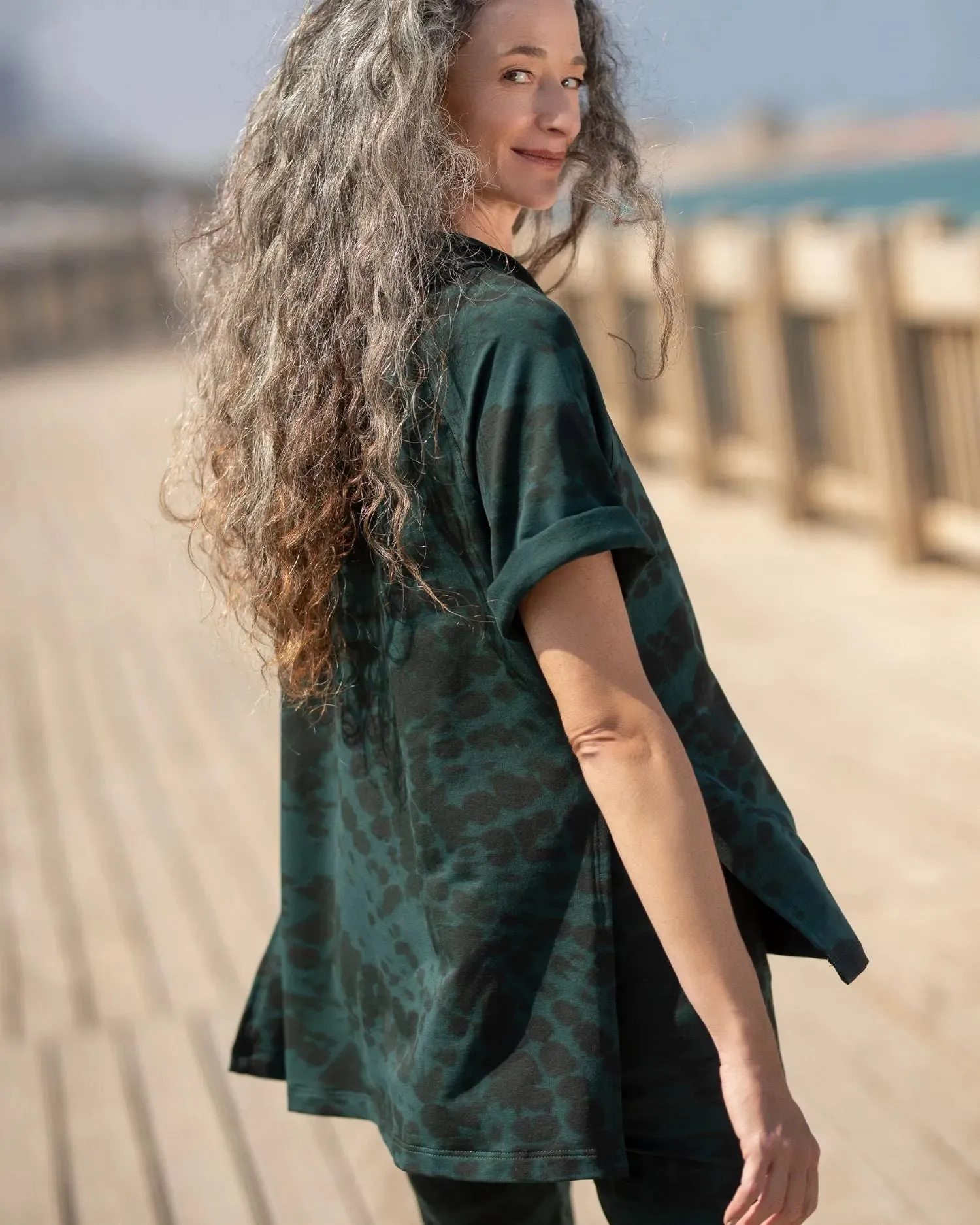 Inhale Hooded Hi-Lo Top, Forest Tie-Dye