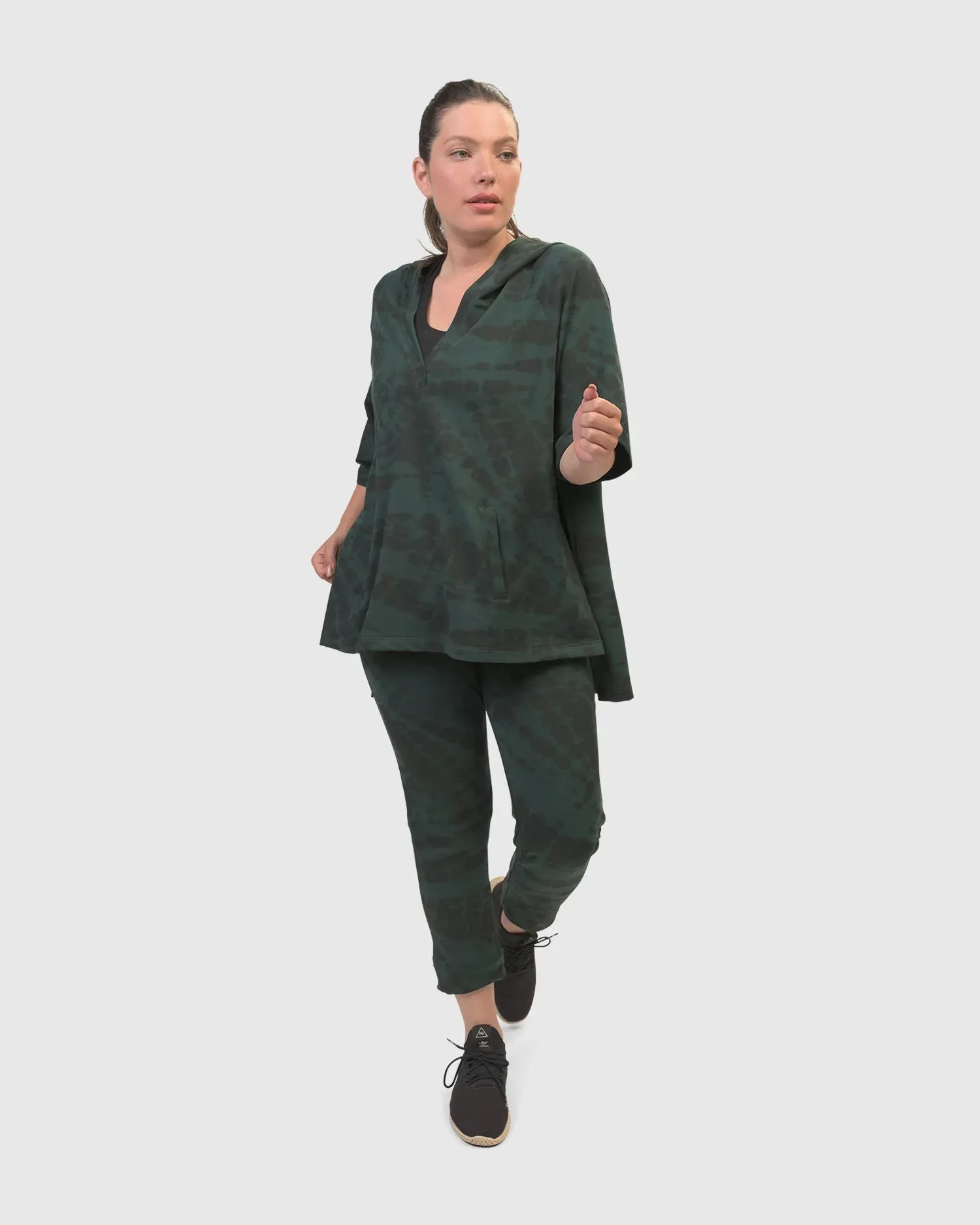 Inhale Hooded Hi-Lo Top, Forest Tie-Dye