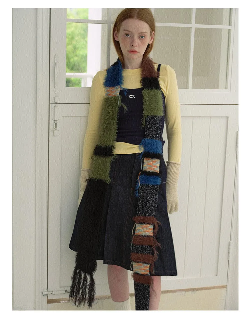Ladies Color Block Kint Tassel Scarves YW038