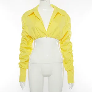 Ladies vintage Puffer ruched crop top shirt