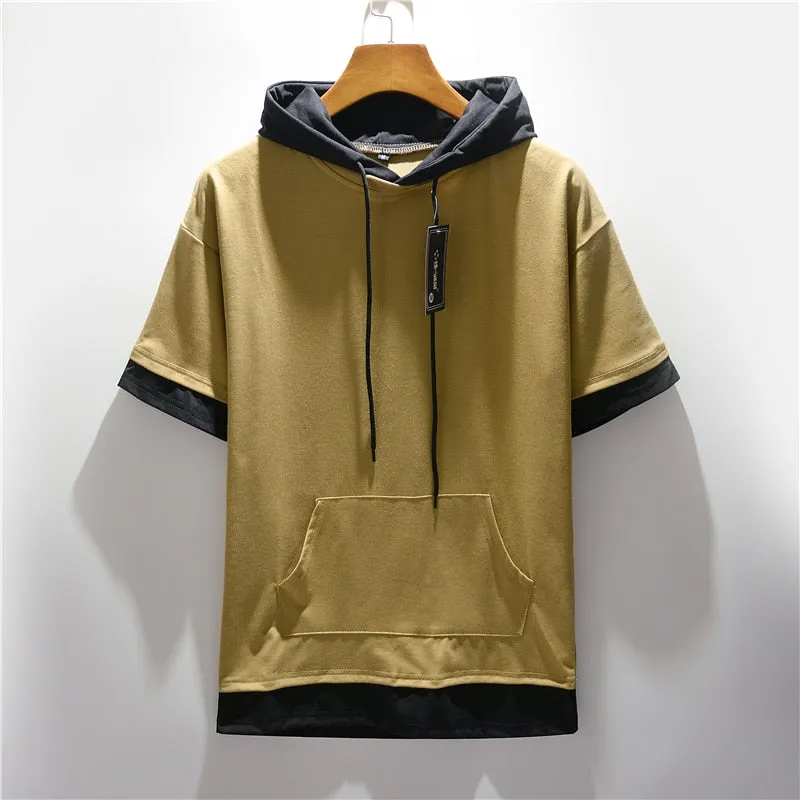 Men's Colorblock Drawstring Short Sleeve Streetwear Hoodie to 5X