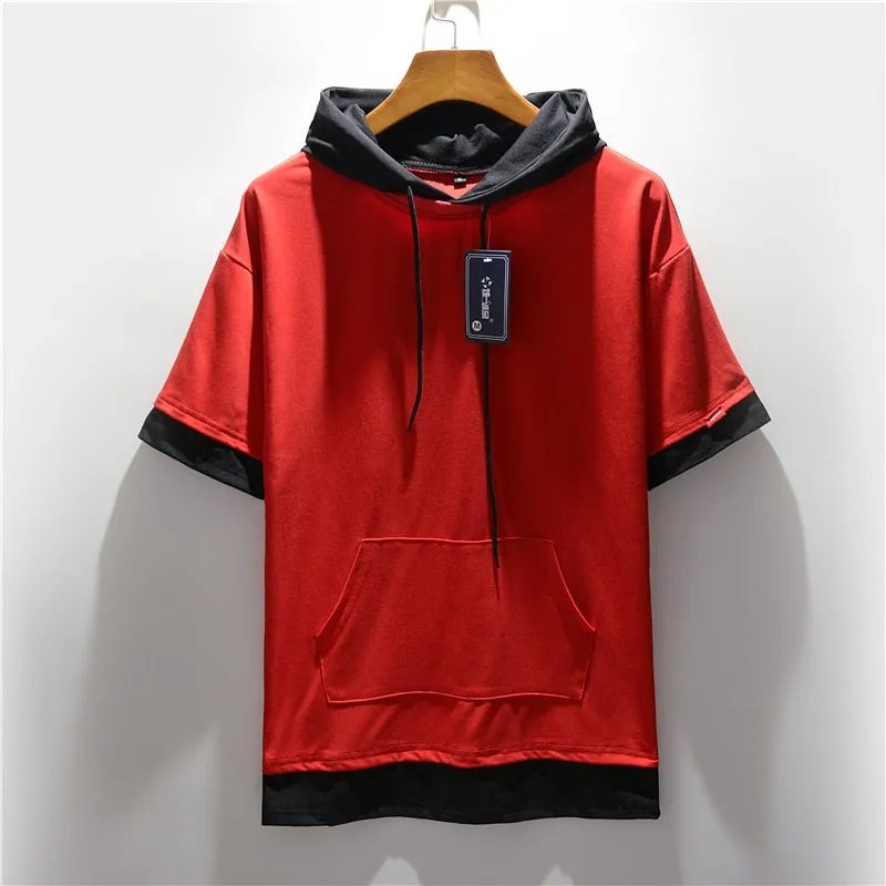 Men's Colorblock Drawstring Short Sleeve Streetwear Hoodie to 5X