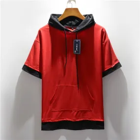 Men's Colorblock Drawstring Short Sleeve Streetwear Hoodie to 5X