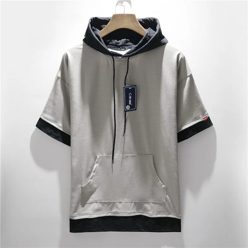 Men's Colorblock Drawstring Short Sleeve Streetwear Hoodie to 5X