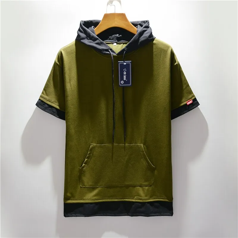 Men's Colorblock Drawstring Short Sleeve Streetwear Hoodie to 5X
