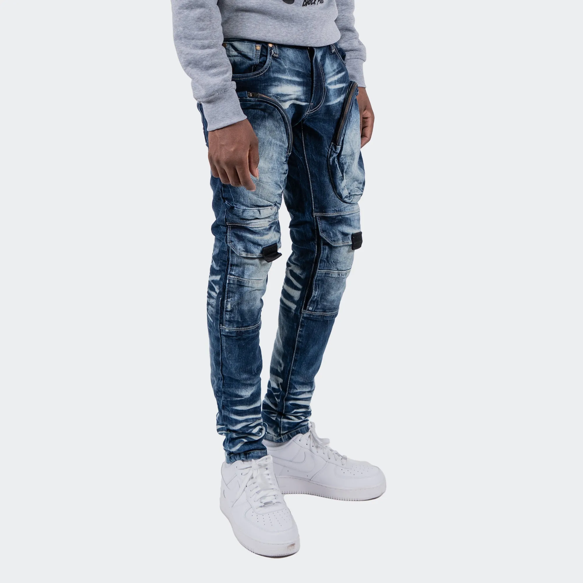 Men's TWO MILL TWENTY "Broadway" X-Ray Fashion Skinny Denim Jeans with Knee Pocket Dark Blue