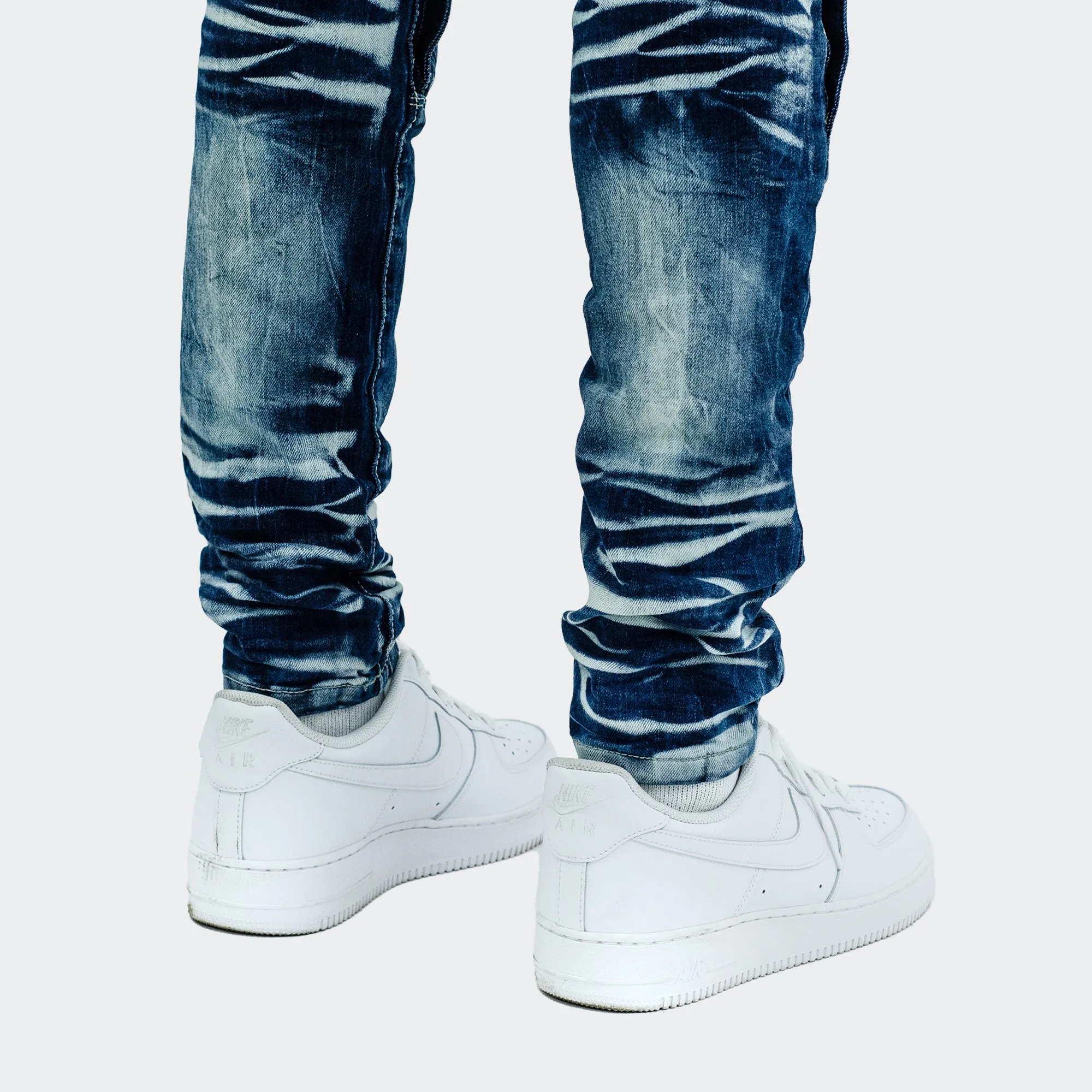 Men's TWO MILL TWENTY "Broadway" X-Ray Fashion Skinny Denim Jeans with Knee Pocket Dark Blue