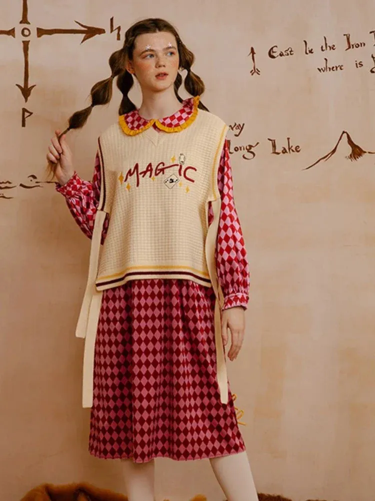 Metaversmall Women Sweaters Vest Spring Sleeveless V Neck Knitted Tops Letter Embroidery Lace Up Cute Elegant Knit