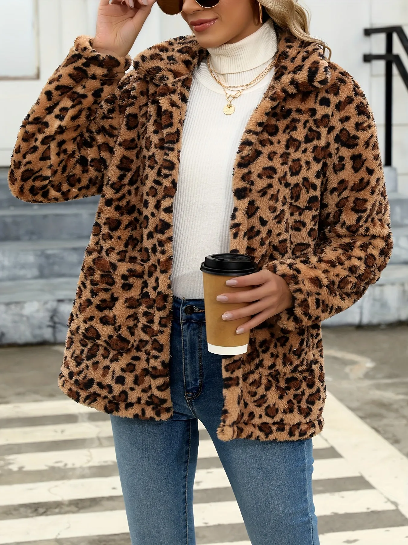 Plaid Print Patched Pockets Teddy Coat, Versatile Long Sleeve Single Breasted Winter Outwear, Women's Clothing