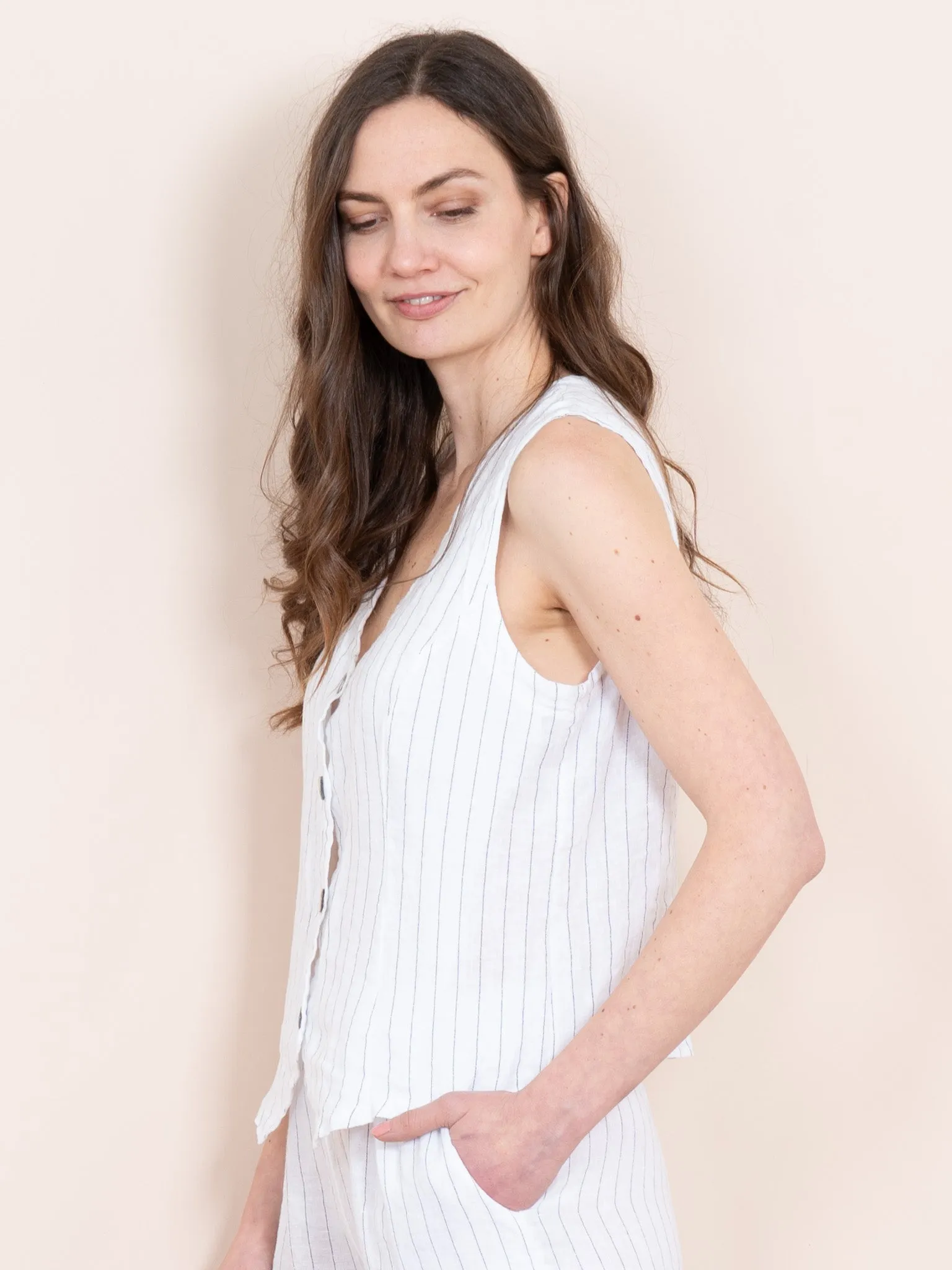 Summer Italian Linen Waistcoat - White/Black, Jacquard Stripe