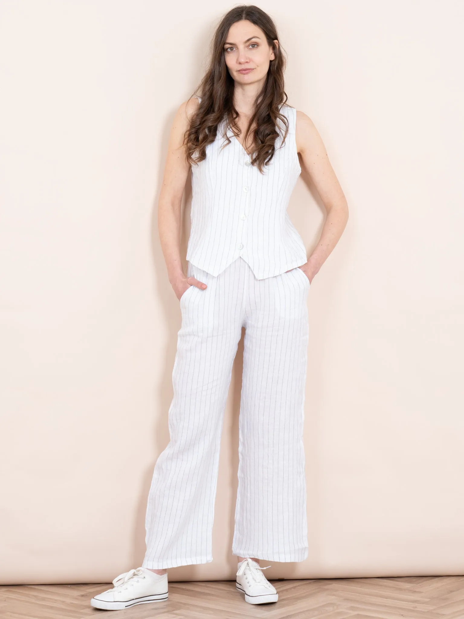 Summer Italian Linen Waistcoat - White/Black, Jacquard Stripe