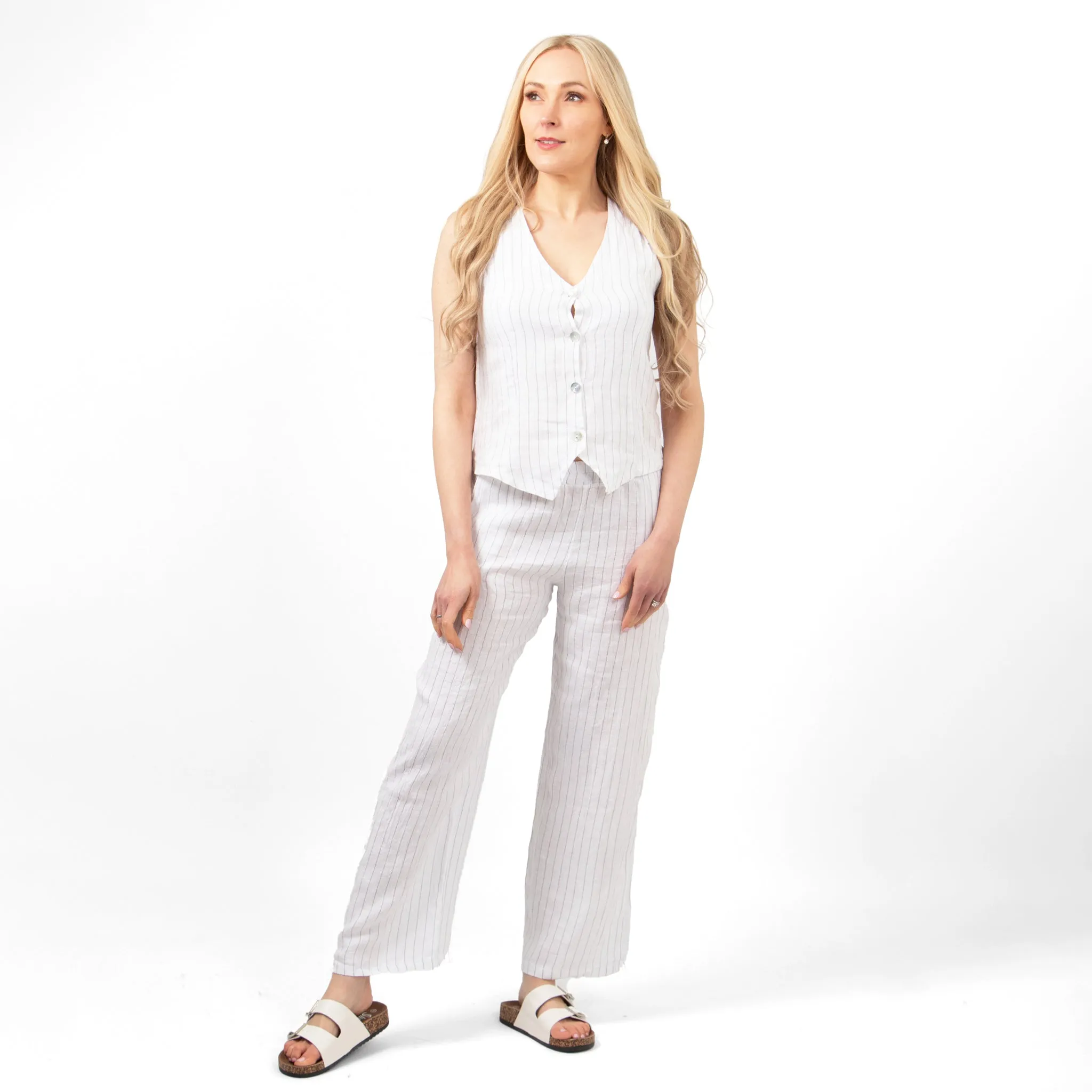 Summer Italian Linen Waistcoat - White/Black, Jacquard Stripe