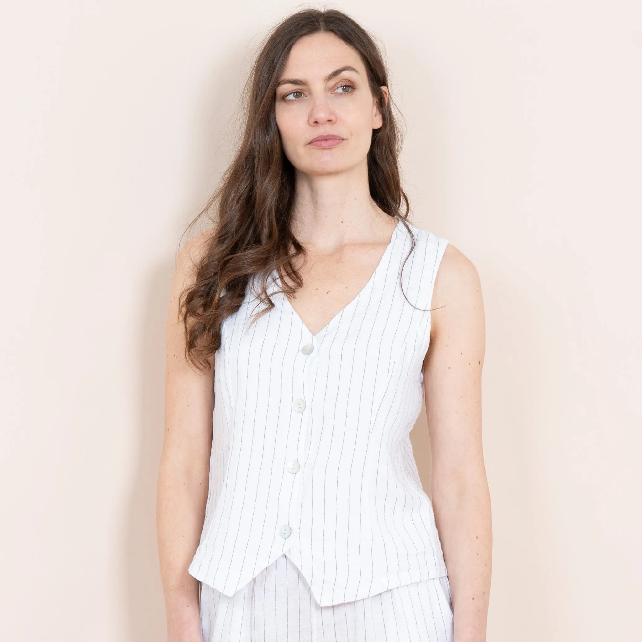 Summer Italian Linen Waistcoat - White/Black, Jacquard Stripe