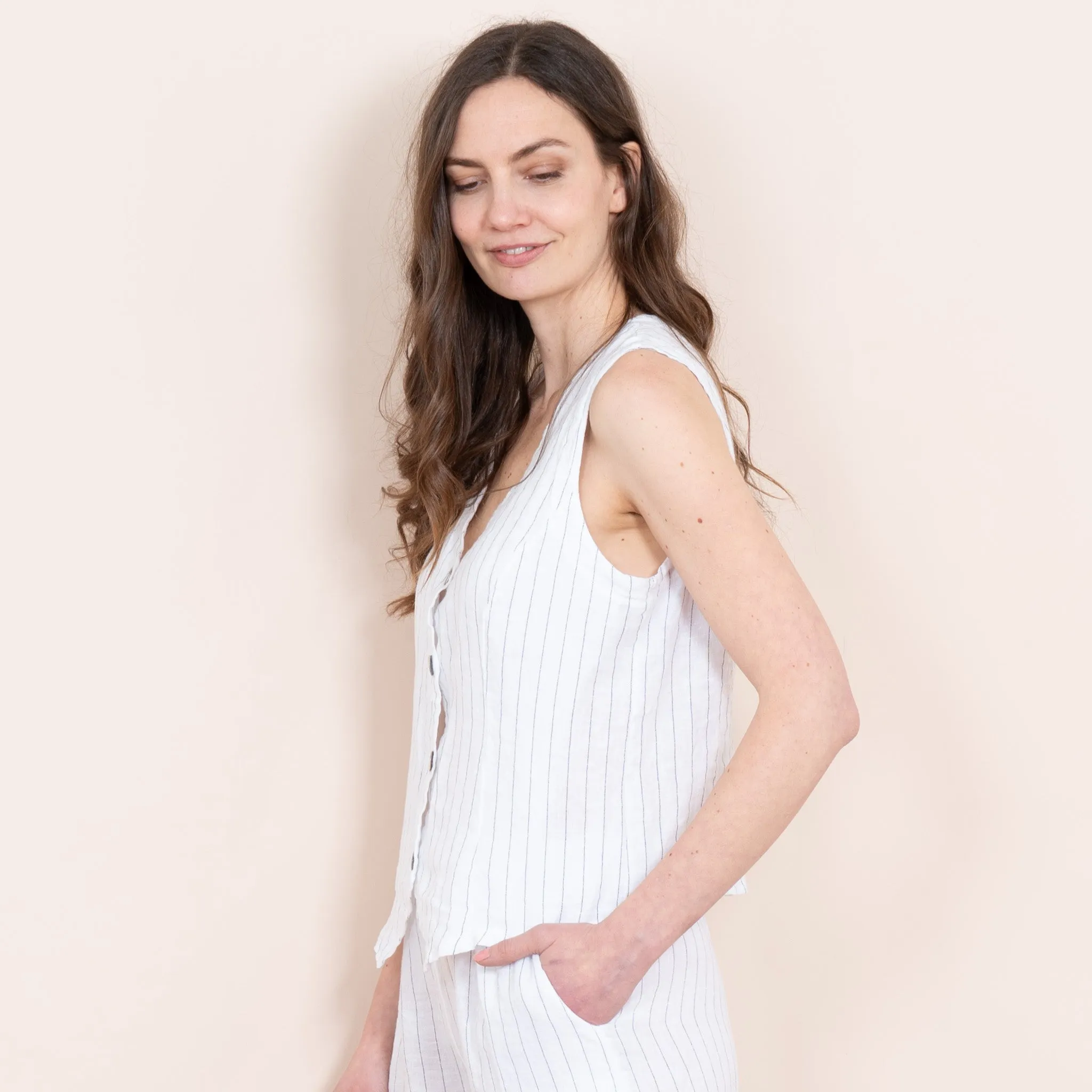 Summer Italian Linen Waistcoat - White/Black, Jacquard Stripe